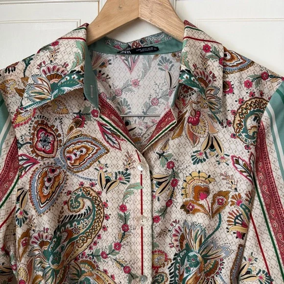 Zara Satin Foulard Paisley Maxi Dress Medium Shirt Dress Floral Belted